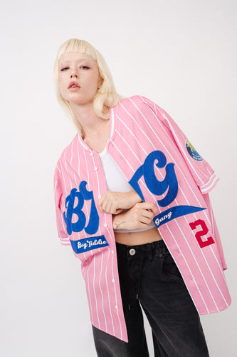 BTG x Staydium Pink/ White Pinstripe Baseball Jersey